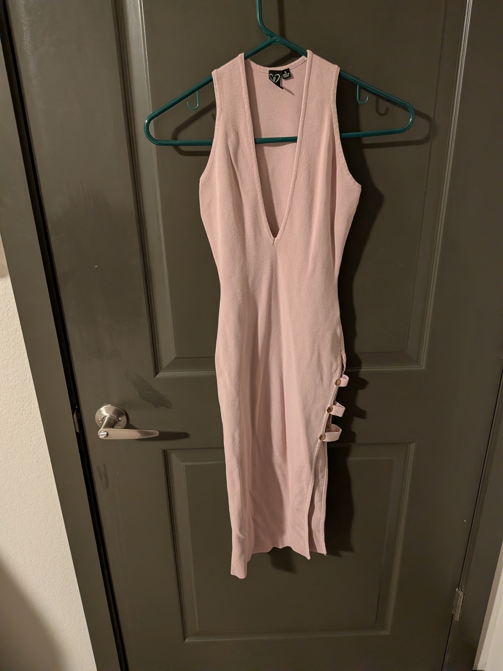 Windsor Pale Pink Sleeveless V-Neck Midi Dress with Side Button Trim